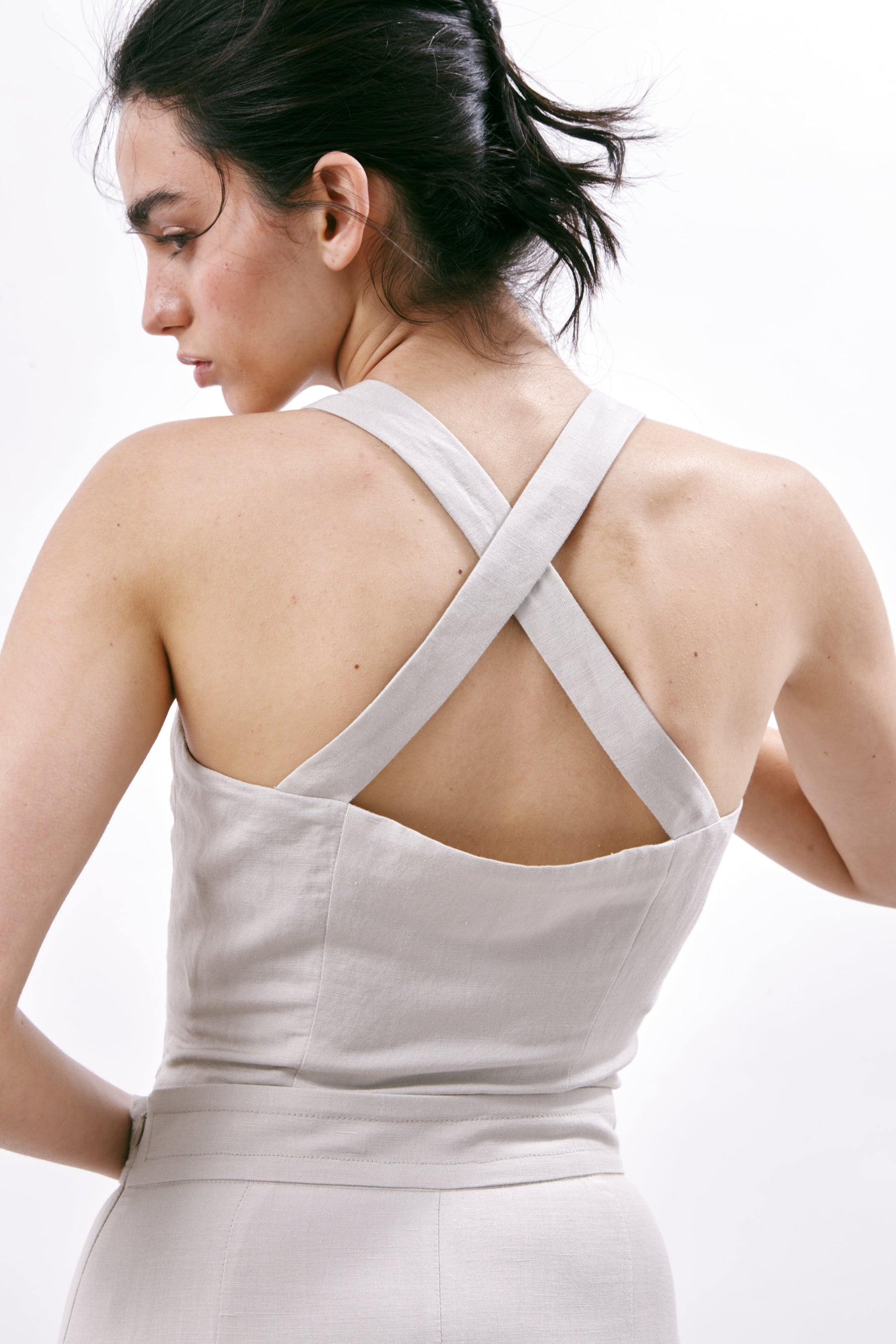 Grey Linen and Viscose Cross-Back Top Barcelona